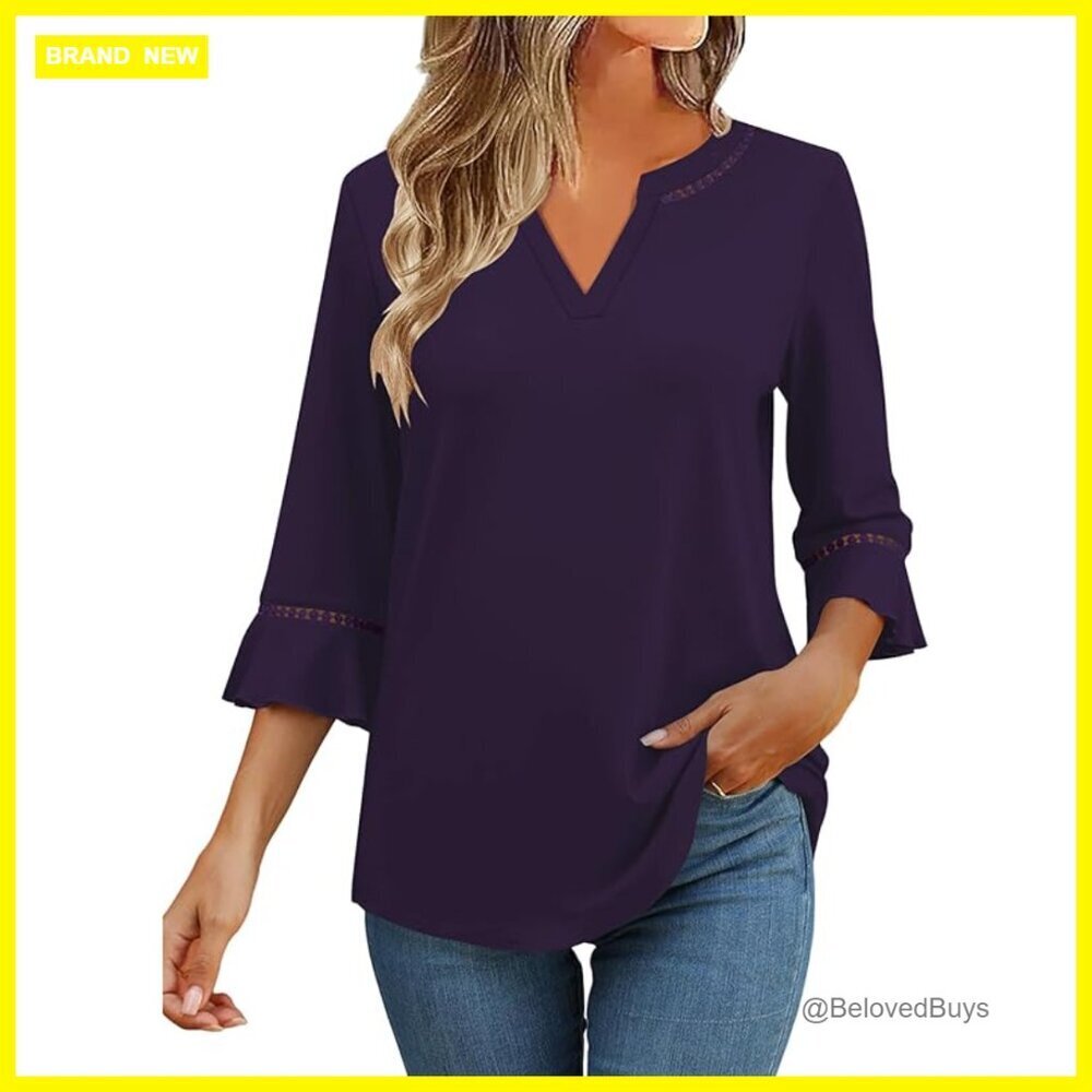 3/4 Sleeve Ruffle Blouse V-Neck Lace Tunic Dressy Casual Tops